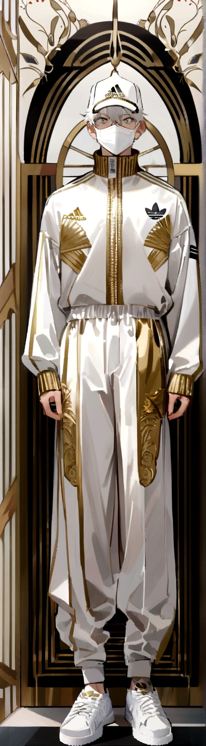 アニメ, masculine, best qualityer, Lean, work of art,White hair, White colored eyes,white and gold adidas clothing and white face mask, white and gold captain'Hat