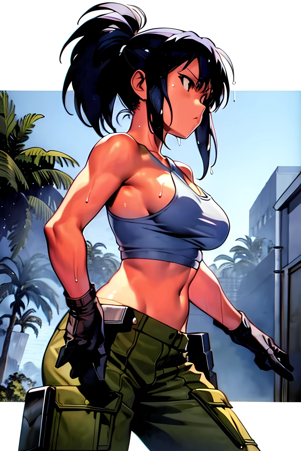 masterpiece, best quality, anime 1990s \(style\, leona heidern,  naked, white tank top, pants ,jungle, pony tail, wet, serious, gloves, , sleeveless, metal slug, warfare 