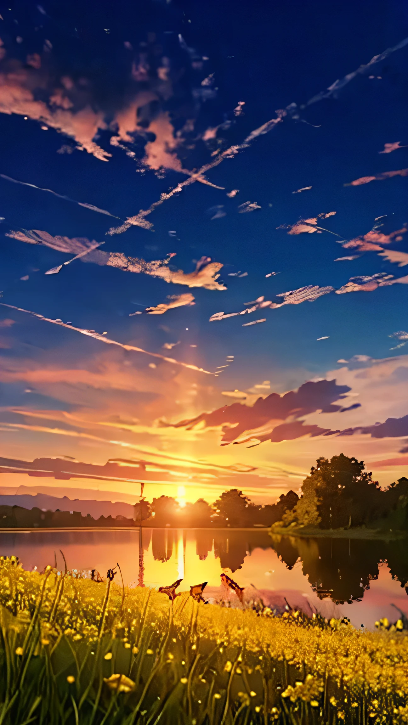 Sunset over a lake with yellow flowers and a bridge - SeaArt AI