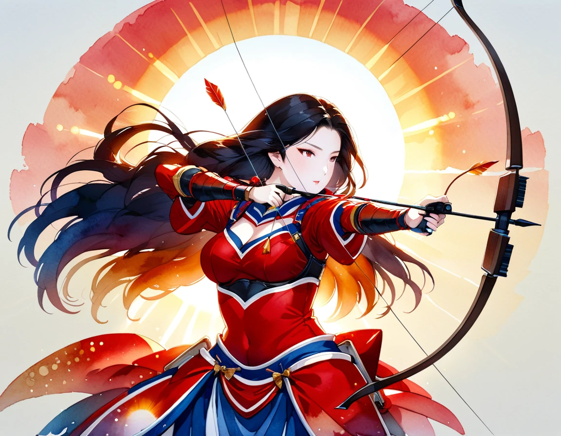 a Japanese watercolor illustration (using Black, white and red colors only) of a exquisite beautiful female archer, (silhouette artwork: 1.3), (aiming a bow: 1.4), holding the (composite masterwork bow: 1.3)  perfectly, ready for action as the sun rises, fantasy art, ), sun rising behind the archer, ready to act,  ultra feminine, with a long curvy hair, wearing knights armor, intricate clothes, , sting drawn to the cheek , arrow ready to be shot, (tip of the arrow glimmers in the sun: 1.3), sunrays, divine rays, high details, best quality, 16k, [ultra detailed], masterpiece, best quality, (extremely detailed), dynamic angle, Aiming a Bow, bow (weapon), ral-wtrclr