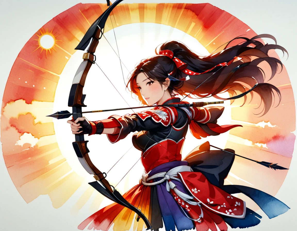 a Japanese watercolor illustration (using Black, white and red colors only) of a exquisite beautiful female archer, (silhouette artwork: 1.3), (aiming a bow: 1.4), holding the (composite masterwork bow: 1.3)  perfectly, ready for action as the sun rises, fantasy art, ), sun rising behind the archer, ready to act,  ultra feminine, with a long curvy hair, wearing knights armor, intricate clothes, , sting drawn to the cheek , arrow ready to be shot, (tip of the arrow glimmers in the sun: 1.3), sunrays, divine rays, high details, best quality, 16k, [ultra detailed], masterpiece, best quality, (extremely detailed), dynamic angle, Aiming a Bow, bow (weapon), ral-wtrclr