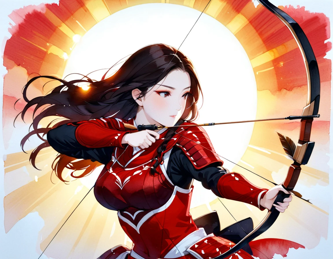 a Japanese watercolor illustration (using Black, white and red colors only) of a exquisite beautiful female archer, (silhouette artwork: 1.3), (aiming a bow: 1.4), holding the (composite masterwork bow: 1.3)  perfectly, ready for action as the sun rises, fantasy art, ), sun rising behind the archer, ready to act,  ultra feminine, with a long curvy hair, wearing knights armor, intricate clothes, , sting drawn to the cheek , arrow ready to be shot, (tip of the arrow glimmers in the sun: 1.3), sunrays, divine rays, high details, best quality, 16k, [ultra detailed], masterpiece, best quality, (extremely detailed), dynamic angle, Aiming a Bow, bow (weapon), ral-wtrclr