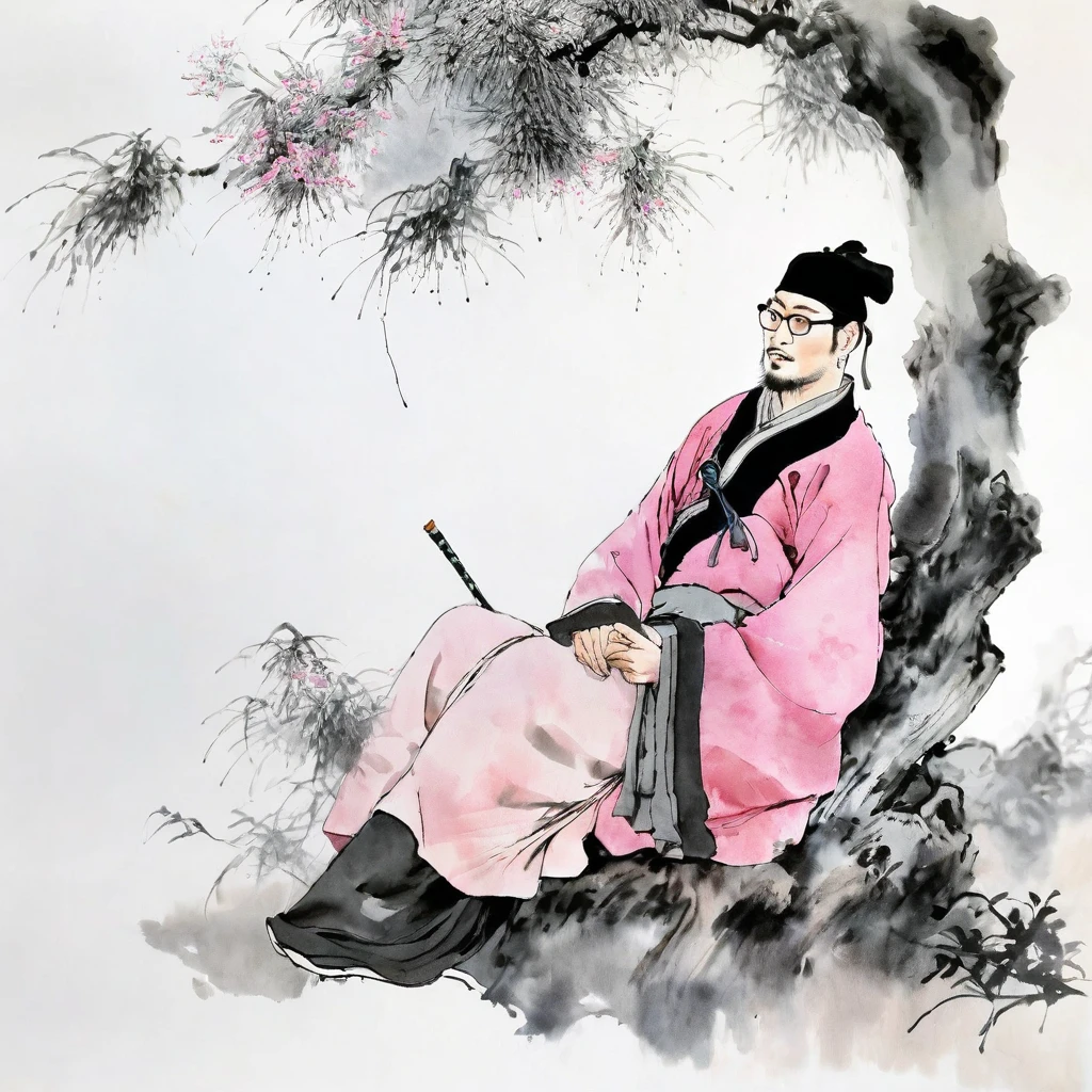 (best quality,ultra-detailed,realistic:1.37),masterpiece:1.2, sitting under a tree,Chinese scenery,ink splatters,ink texture,watercolor painting,pink clothing,pink attire,pale gray background,a man with stubble, slightly curly hair, and black square plastic-framed glasses