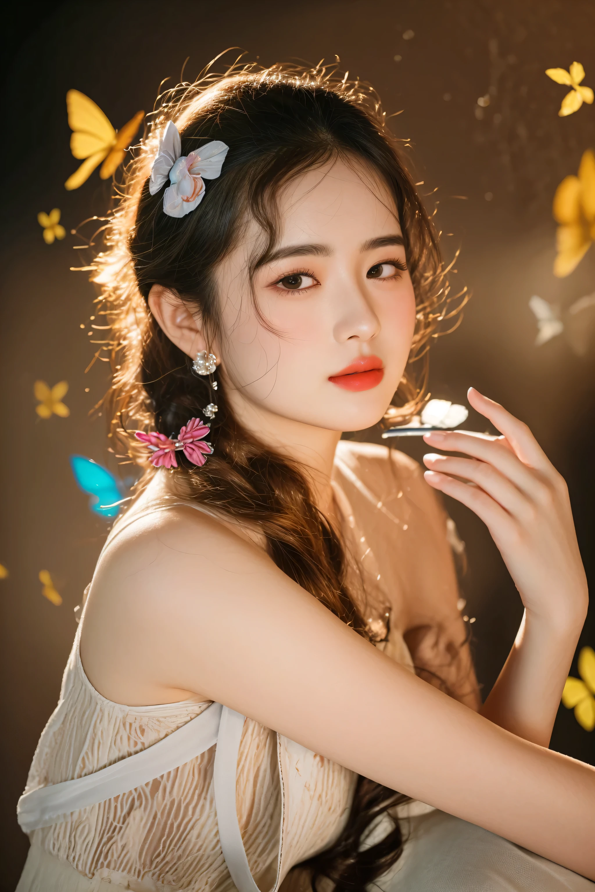 there is a woman that is holding a cell phone in her hand, dilraba dilmurat, soft portrait shot 8 k, taken with canon eos 5 d mark iv, aesthetic cute with flutter, inspired by Chen Yifei, captured on canon eos r 6, shot on canon eos r5, shot on canon eos r 5