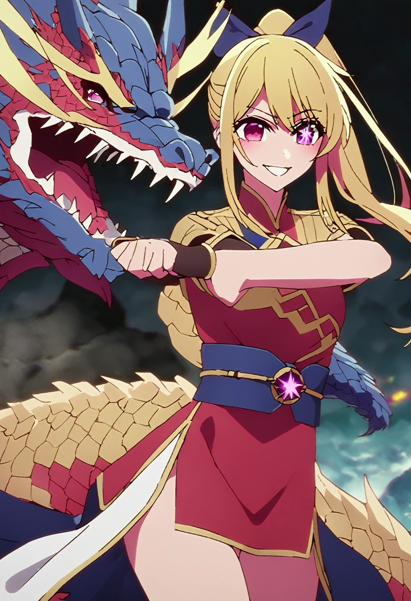 Blonde、Highest quality、high resolution、8K,Highest quality、Star-shaped pupil、The best smile、long hair、Pink Eyes、ponytail、Cowboy Shot、One person、Brave、Fighting the Dragon