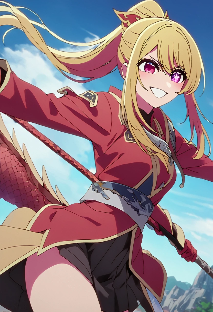 Blonde、Highest quality、high resolution、8K,Highest quality、Star-shaped pupil、The best smile、long hair、Pink Eyes、ponytail、Cowboy Shot、One person、Brave、Fighting the Dragon