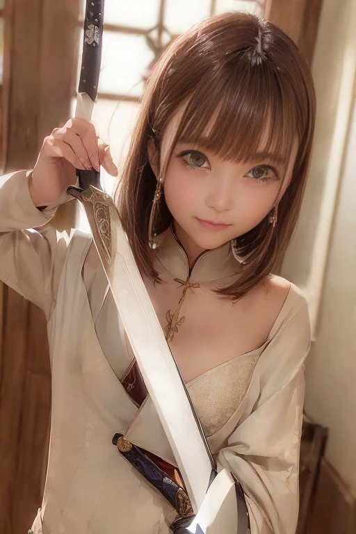 One girl,((highest quality、Best image quality、超A high resolution))、(Photorealistic), (Realistic), (Ultra-high resolution), Tabletop, highest quality, Raw photo, Ultra-realistic, Bored face, the air looks clear, mix with lightning.(((He has a legendary sword that emits blue lightning.............)))、blue energy effects,Nipples are visible
