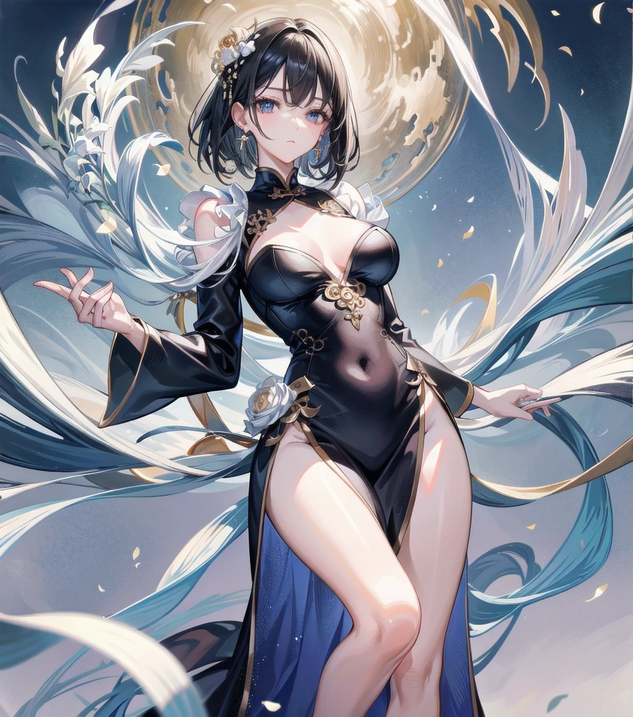 absurdres, RAW photo, extremely delicate and beautiful, masterpiece, Best Quality, ultra high resolution, 32k, hyperrealistic, ultra-detailed, Very detailed CG 8k wallpaper, Beautiful Lighting, Perfect Lightning, Realistic Shadows, perfect anatomy, super Detailed skin, perfect figure, Japanese woman, late 20s, very Slim body, narrow waist, very small head, handsome detailed woman, very detailed eyes and face, realistic face proportions, Stunning detailed eyes, Realistic beautiful face, very small face, Realistic small beautiful eyes, tearful mole, earring, beautiful and very thin legs, beautiful and very thin thighs, very huge round breasts, medium hair, black hair, full body shot, (long cheongsam),