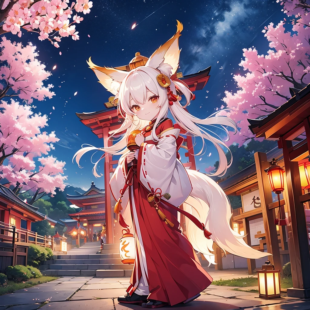 A young girl with fox ears and tails sits on the ground with her legs crossed, holding a glowing orb (fox fire:1.2) in her hands. BREAK She wears a red and white kimono with a cherry blossom (flower ornament:1.1) in her hair. BREAK The dark forest behind her is filled with glowing flowers and lamps, creating a whimsical and charming mood. Shinto shrines, incitement perspectives