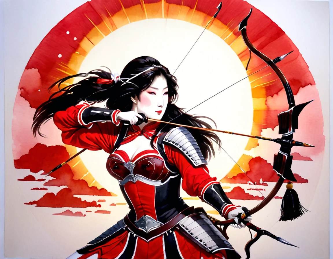 a Japanese watercolor illustration (using Black, white and red colors only) of a exquisite beautiful female archer, (silhouette artwork: 1.3), aiming a bow, holding the (composite masterwork bow: 1.3)  perfectly, ready for action as the sun rises, fantasy art, ), sun rising behind the archer, ready to act,  ultra feminine, with a long curvy hair, wearing knights armor, intricate clothes, , sting drawn to the cheek , arrow ready to be shot, (tip of the arrow glimmers in the sun: 1.3), sunrays, divine rays, high details, best quality, 16k, [ultra detailed], masterpiece, best quality, (extremely detailed), dynamic angle, Aiming a Bow, bow (weapon), ral-wtrclr