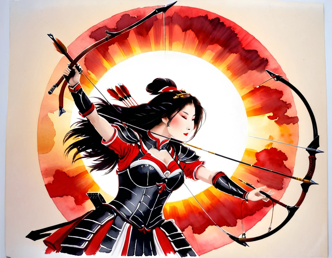 a Japanese watercolor illustration (using Black, white and red colors only) of a exquisite beautiful female archer, (silhouette artwork: 1.3), aiming a bow, holding the (composite masterwork bow: 1.3)  perfectly, ready for action as the sun rises, fantasy art, ), sun rising behind the archer, ready to act,  ultra feminine, with a long curvy hair, wearing knights armor, intricate clothes, , sting drawn to the cheek , arrow ready to be shot, (tip of the arrow glimmers in the sun: 1.3), sunrays, divine rays, high details, best quality, 16k, [ultra detailed], masterpiece, best quality, (extremely detailed), dynamic angle, Aiming a Bow, bow (weapon), ral-wtrclr