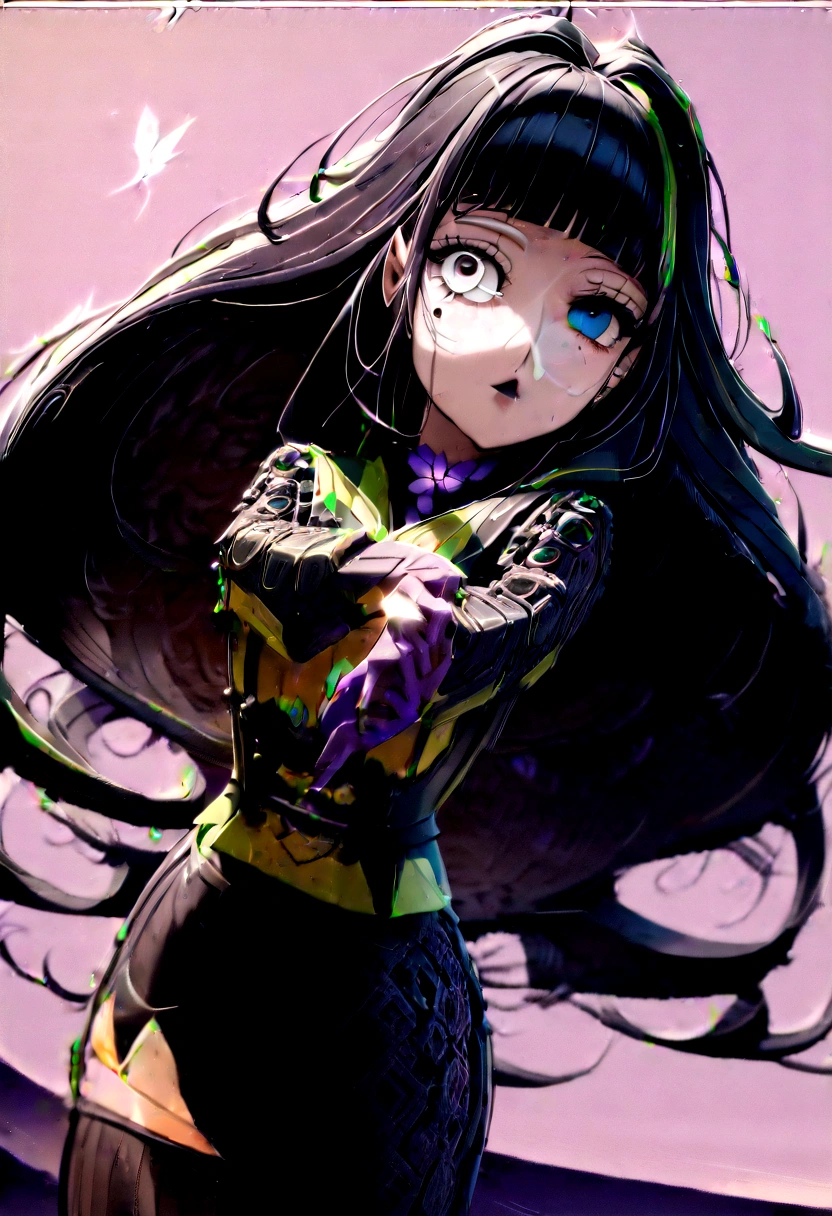 Black Hair、Black Feather、Gothic punk dress、Legs sticking out，Sit on a chair, Crossing your legs、Throne,anime zombie witch design, Crossbones, skull, Streetwear Design, Provector, Horror Style, Full Design, Only 6 colors, Solid Colors, No Shadow, Full Design, Stickers, Bright colors, White Background.Ultra-fine illustrations,(((Beautiful fine hair))),(((Beautiful Faces))),(((Beautiful background))),(((Beautiful fine hair))),(((Beautiful Faces))),(((Beautiful background)))、Black Hair、Blunt bangs，Undershot（（Right hand white eye，Left eye purple）），Otto Eyes