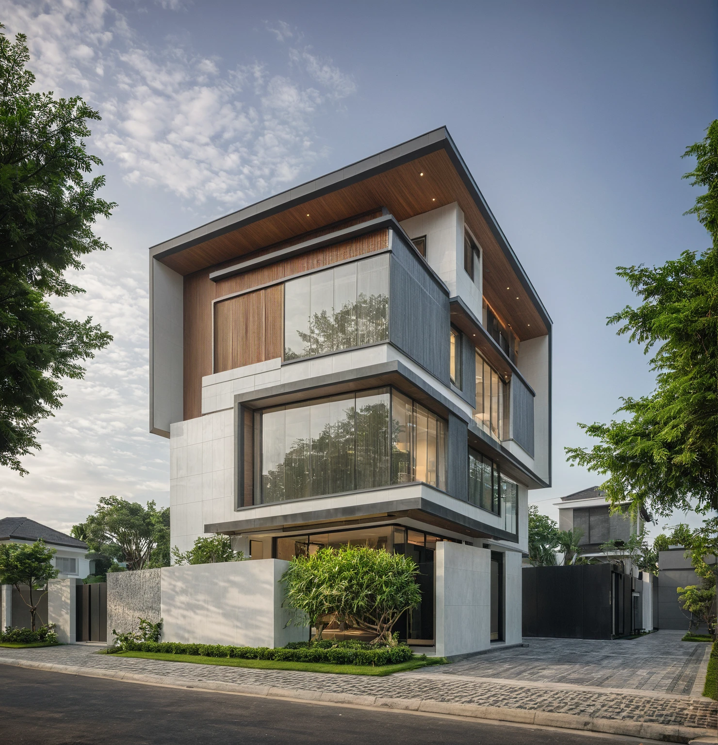 modern villa on street, (overcast lighting:1.2), tropical tree, vivid color, streetcapes, nice sky, grey and wwhite tone, (large glass door:1.2), warm interior lighting, modern material, best quality, ultra realistic, masterpiece, 17ArchiAI_XL_VL-v1
