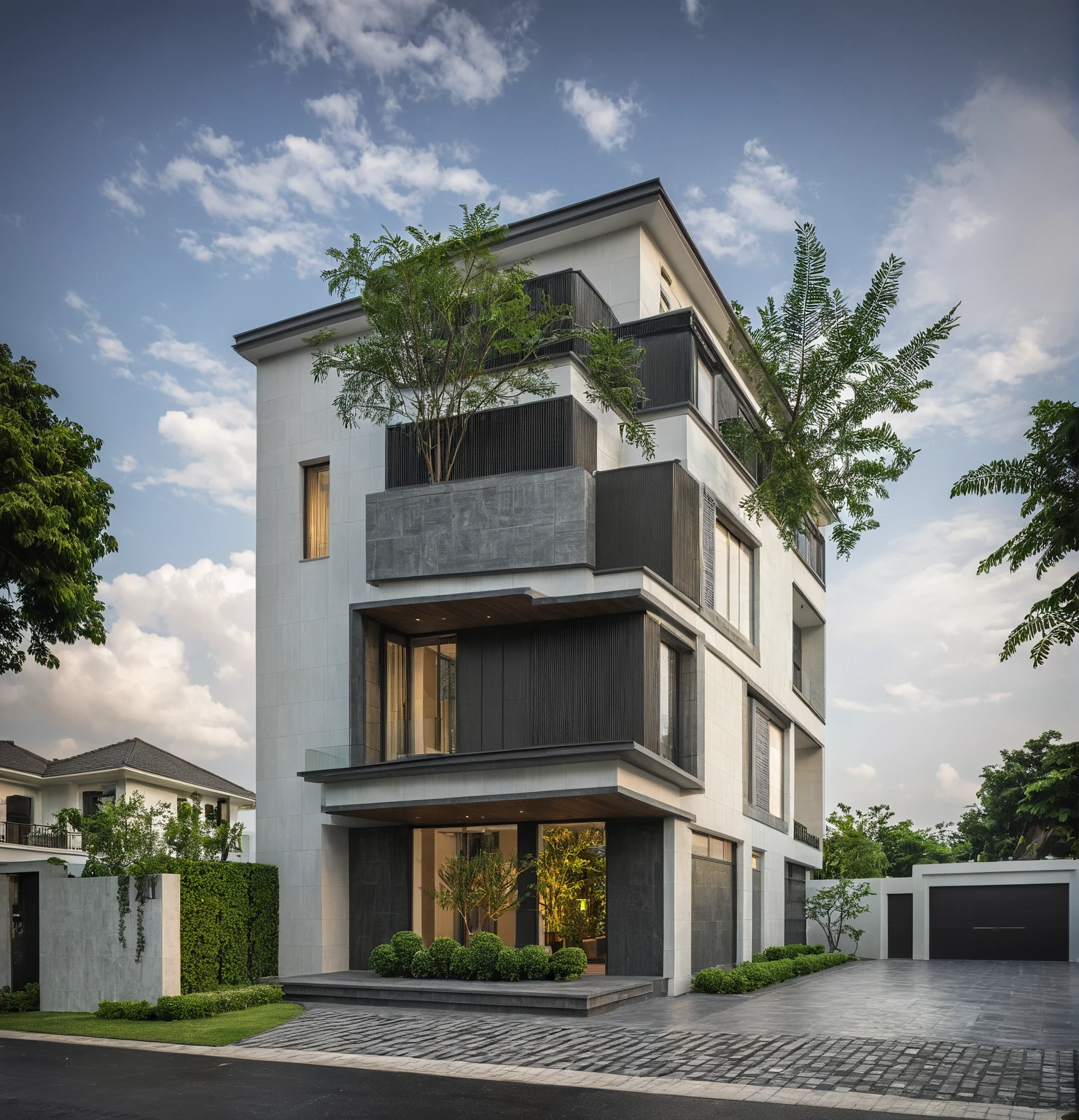 modern villa on street, (overcast lighting:1.2), tropical tree, vivid color, streetcapes, nice sky, grey and wwhite tone, (large glass door:1.2), warm interior lighting, modern material, best quality, ultra realistic, masterpiece, 17ArchiAI_XL_VL-v1
