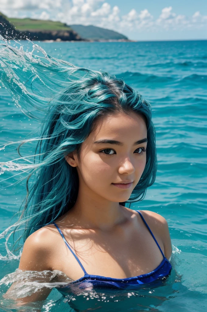 A girl with water hair. Her hair is ocean