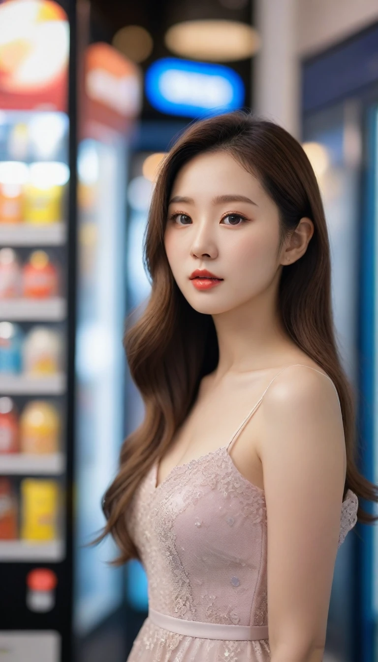 Close up of beautiful Korean woman, Chest size 32 inches, wearing a dress, , next to the vending machine, ij alley, bokeh background, uhd