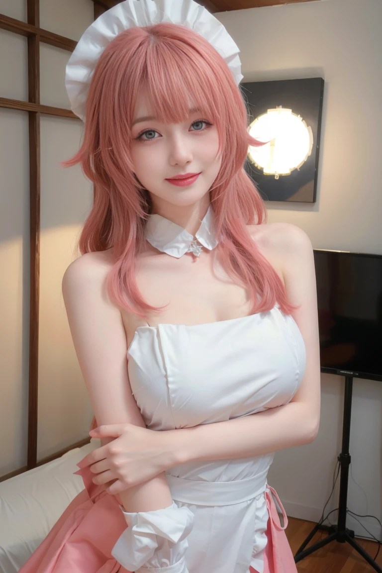 ((Best Quality, 8K, Masterpiece: 1.3)), ferpect lighting, Glowing skin, 1girl, Slim Belly Beauty: 1.3,(medium Breasts: 1.2), Dress: 1.1, Super Delicate Face, Delicate Eyes, Double Eyelids, Smile, Home, long hair, pink hair, jewelry, Earring, Bangs, (maid dress:1.5), Bare shoulders, standing, upper body, smile,