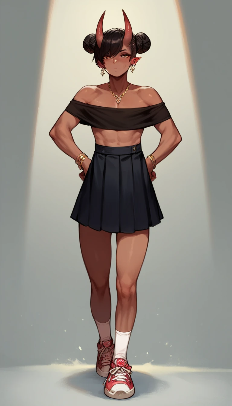 score_9, score_8_up, score_7_up, score_7, Expressiveh,best quality, masterpiece, ultra high resolution,
(demon boy:1.35), femboy, boy, solo, jewelry, necklace, skirt, earrings, shoes, full_body, double_bun, sneakers, hair_bun, horns, horny, ((hands_on_hips)), standing, dark_skin, dark-skinned_female, black_hair, socks, off_shoulder, strapless