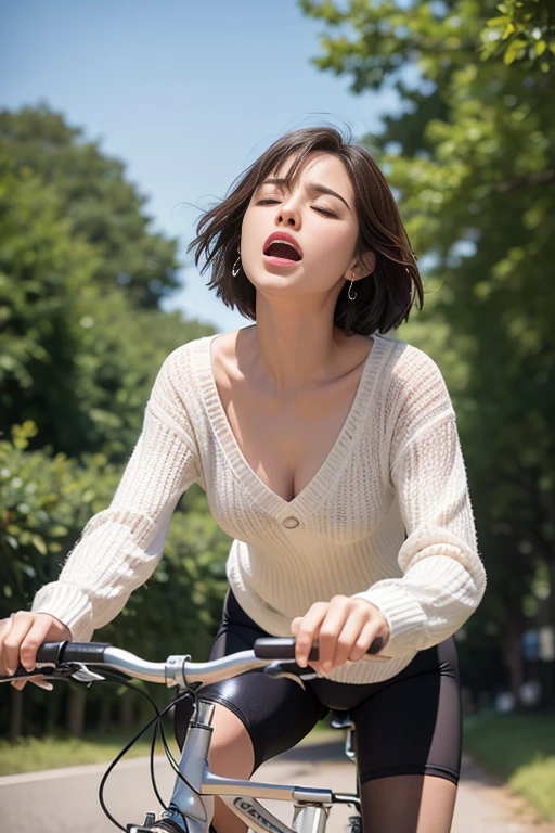 (((Highest image quality、highest quality、At 32K、ticker、Raw photo 1.2、very clear image、very clear image quality、photorealistic 1.3、super photographic,best quality、CG unity 32k wallpaper, highest quality, High resolution:1.2)))、Beautiful 20s shoulder length sweater,lace pantyhose, white top and bottom underwear, random color,long sweater,Climax、Climax、My pussy feels good、Raw photo with both eyes closed, cute face、body、Esbian、One camisole、looking up、plus size model、Feeling ecstasy、eyes closed、Deep sorrow、Sorrowful、look up at the sky、open your mouth、scream、 Depth of bounds written,real light,Ray tracing,OC renderer,UE5 renderer,works of masters,correct anatomy、I feel very、riding a bicycle 1.4、I feel it in the saddle