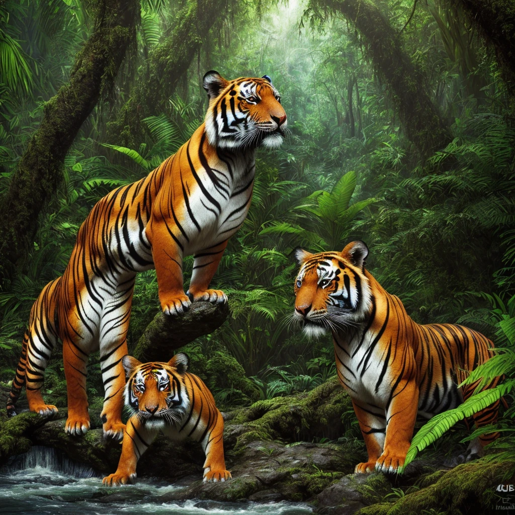 a lush rainforest with towering trees, dense foliage, flowing rivers, vibrant colors,2 tigers stalking through the undergrowth, incredible detail, (best quality,4k,8k,highres,masterpiece:1.2),ultra-detailed,(realistic,photorealistic,photo-realistic:1.37),HDR,UHD,studio lighting,ultra-fine painting,sharp focus,physically-based rendering,extreme detail description,professional,vivid colors,bokeh,nature,wildlife,wilderness