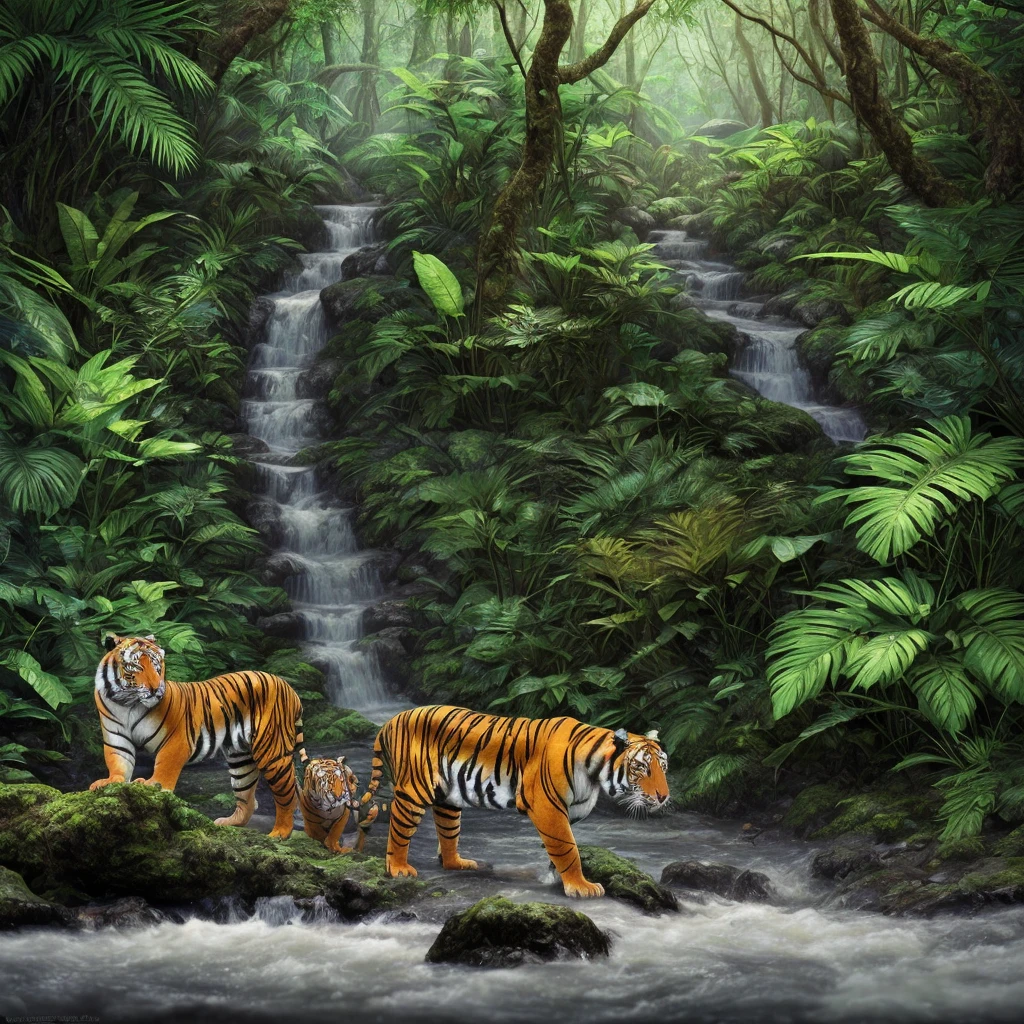 a lush rainforest with towering trees, dense foliage, flowing rivers, vibrant colors,2 tigers stalking through the undergrowth, incredible detail, (best quality,4k,8k,highres,masterpiece:1.2),ultra-detailed,(realistic,photorealistic,photo-realistic:1.37),HDR,UHD,studio lighting,ultra-fine painting,sharp focus,physically-based rendering,extreme detail description,professional,vivid colors,bokeh,nature,wildlife,wilderness