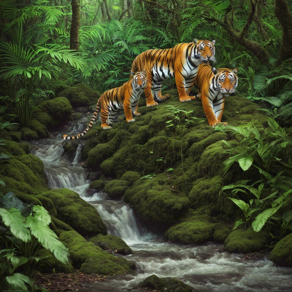 a lush rainforest with towering trees, dense foliage, flowing rivers, vibrant colors,2 tigers stalking through the undergrowth, incredible detail, (best quality,4k,8k,highres,masterpiece:1.2),ultra-detailed,(realistic,photorealistic,photo-realistic:1.37),HDR,UHD,studio lighting,ultra-fine painting,sharp focus,physically-based rendering,extreme detail description,professional,vivid colors,bokeh,nature,wildlife,wilderness