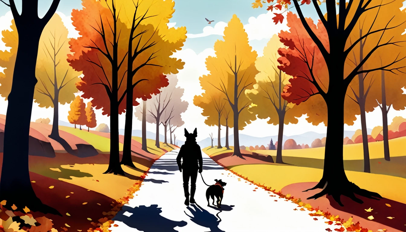 (photo film style), anthropomorphic dog, walk, autumn path, colorful trees, fallen leaves, enjoying the view, 2D, colorful, warm atmosphere, glossy, Jean-Baptiste Monge style, Alan Lee style