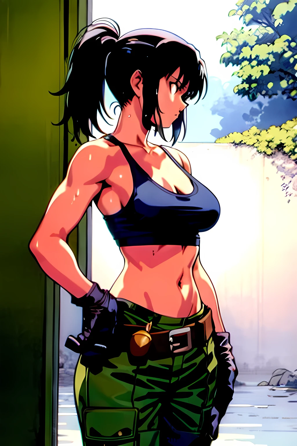 masterpiece, best quality, anime 1990s \(style\, leona heidern,  naked, white tank top, pants ,jungle, pony tail, wet, serious, gloves, , sleeveless, metal slug, belt 