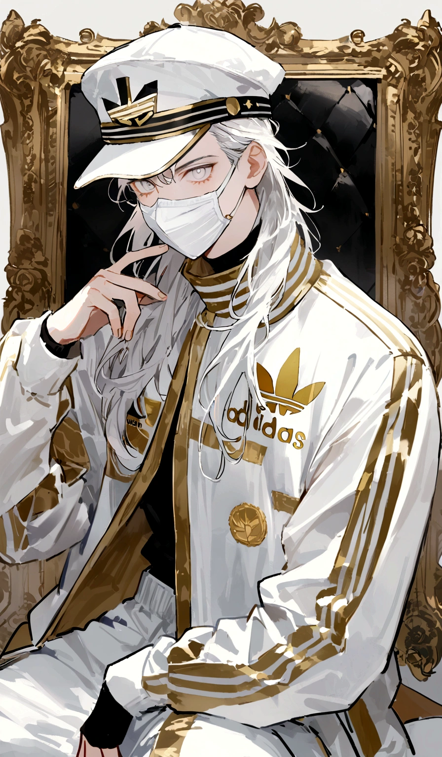 アニメ, masculine, best qualityer, Lean, work of art,White hair, White colored eyes,white and gold adidas clothing and white face mask, white and gold captain'Hat