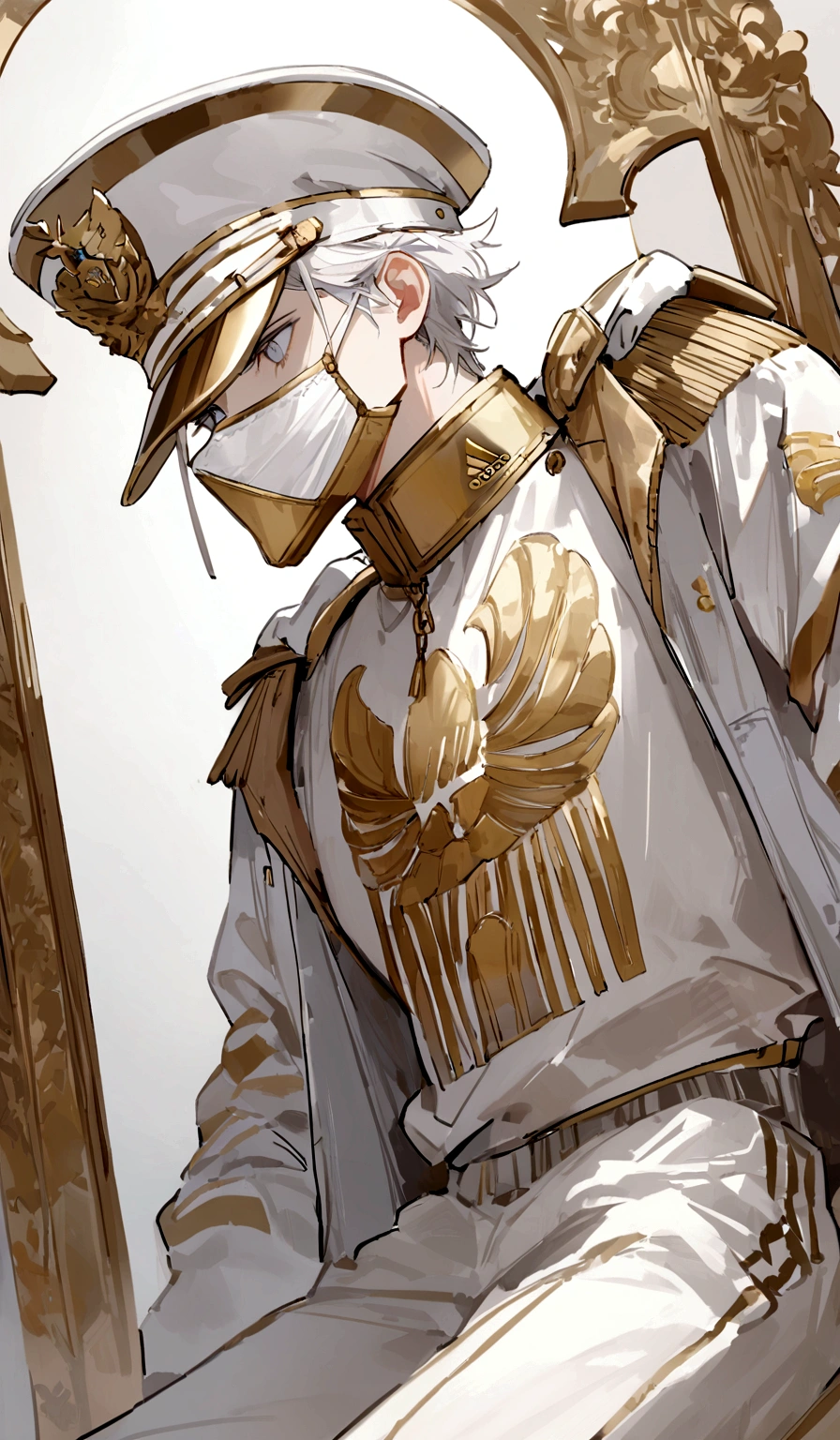 アニメ, masculine, best qualityer, Lean, work of art,White hair, White colored eyes,white and gold adidas clothing and white face mask, white and gold captain'Hat
