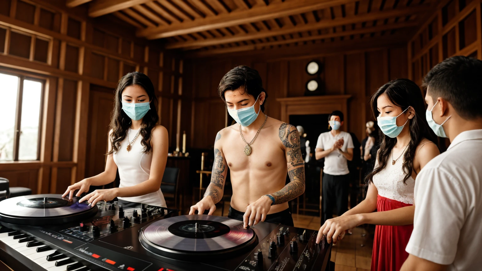 buddha with glasses playing a yamaha piano and mixing music on a ddj 400 turntable next to a drum kit at a party in a buddhist temple with young black and white priestesses dancing they have tattoos on their bodies necklaces and iron man masks cover their faces