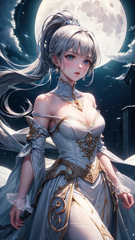 masterpiece, (Highest quality:1.2), (Super detailed:1.2), figure, (Very delicate and beautiful:1.2),Movie angle,floating, (Beautifully detailed, slightly open eyes:1.1), (Detailed light:1.1),Cinema Lighting, Beautifully detailed skies, woman, Gray Hair, (High Ponytail:1.1), (moon:1.2), (moonlight:1.1), Starry Sky, (Lighting particles:1.1), fog, Snow Painting, sketch, bloom,Arms outstretched in front,(10 fingers with beautiful detail:1.1)Mouth slightly open