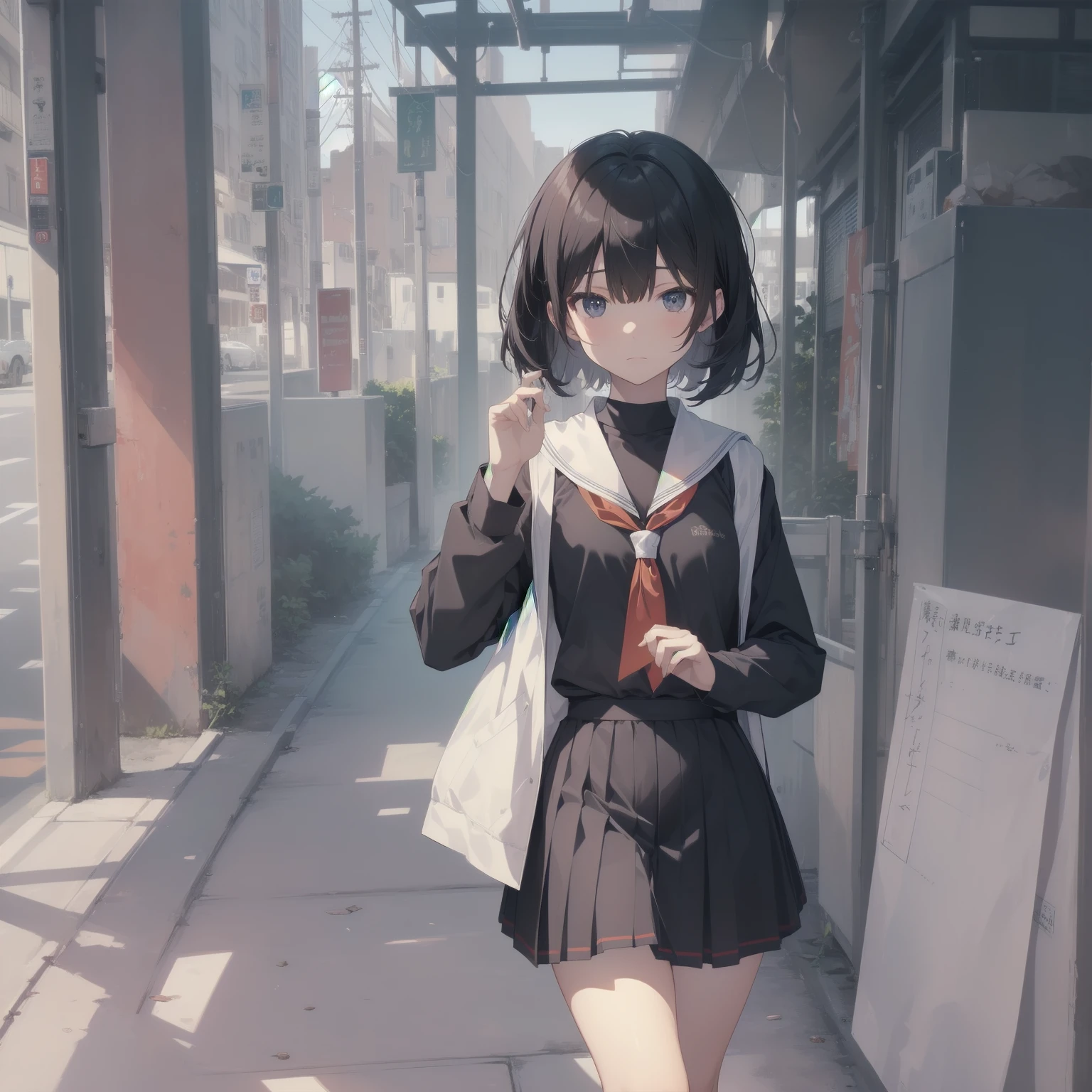 ultra-absurdres-Top quality by artist God, ultra-detailed, high resolution, anime moe artstyle, best anime 8k konachan wallpaper, pixiv contest winner, pool:2810, perfect anatomy,break, 1girl, (Please draw a girl walking sleepily to school alone. )break,(Solo,little female, 13-year-old:1.3),Full limbs, complete fingers,a junior high school student, (very short hair), short cut, flat chest, , small butt, small black eyes, beautiful detailed eyes, well-proportioned iris and pupils, expressive eyes, highres detailed hair, soft expression, salor school_uniform, sailor collar, serahuku, bow, pleated skirt,(Detailed Lighting), (Detailed background), in the School commute route. break,super detailed skin, Best cinematic lighting powered by famous artist, 8k,beauty illustration,photoshop_(medium),very aesthetic,break,((artist:toosaka_asagi )), artist:clamp ,artist:carnelian ,artist:kantoku ,