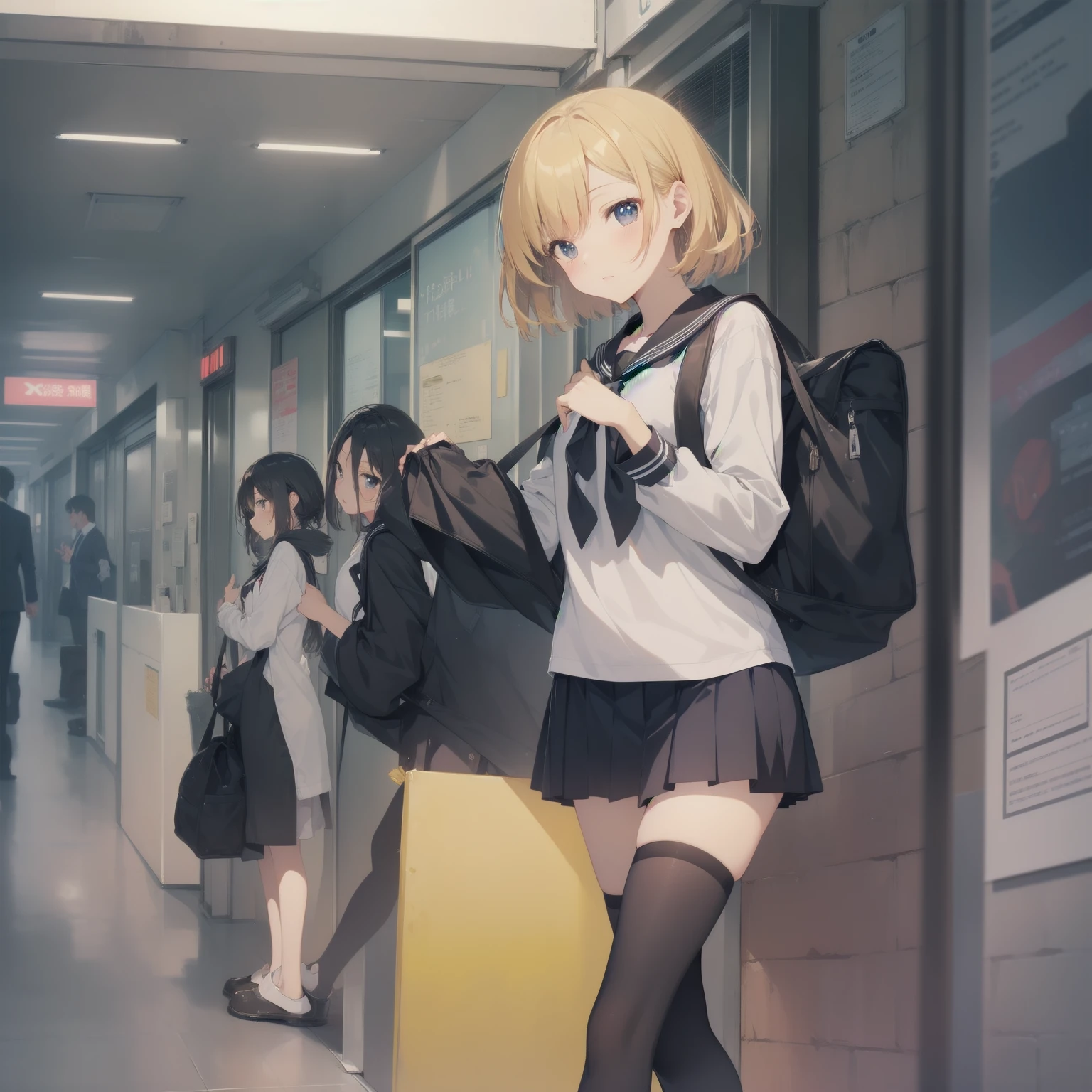 ultra-absurdres-Top quality by artist God, ultra-detailed, high resolution, anime moe artstyle, best anime 8k konachan wallpaper, pixiv contest winner, pool:2810, perfect anatomy,break, 1girl, (Please draw a girl walking sleepily to school alone. )break,(Solo,little female, 13-year-old:1.3),Full limbs, complete fingers,a junior high school student, (very short hair), short cut, flat chest, , small butt, small black eyes, beautiful detailed eyes, well-proportioned iris and pupils, expressive eyes, highres detailed hair, soft expression, salor school_uniform, sailor collar, serahuku, bow, pleated skirt,(Detailed Lighting), (Detailed background), in the School commute route. break,super detailed skin, Best cinematic lighting powered by famous artist, 8k,beauty illustration,photoshop_(medium),very aesthetic,break,((artist:toosaka_asagi )), artist:clamp ,artist:carnelian ,artist:kantoku ,