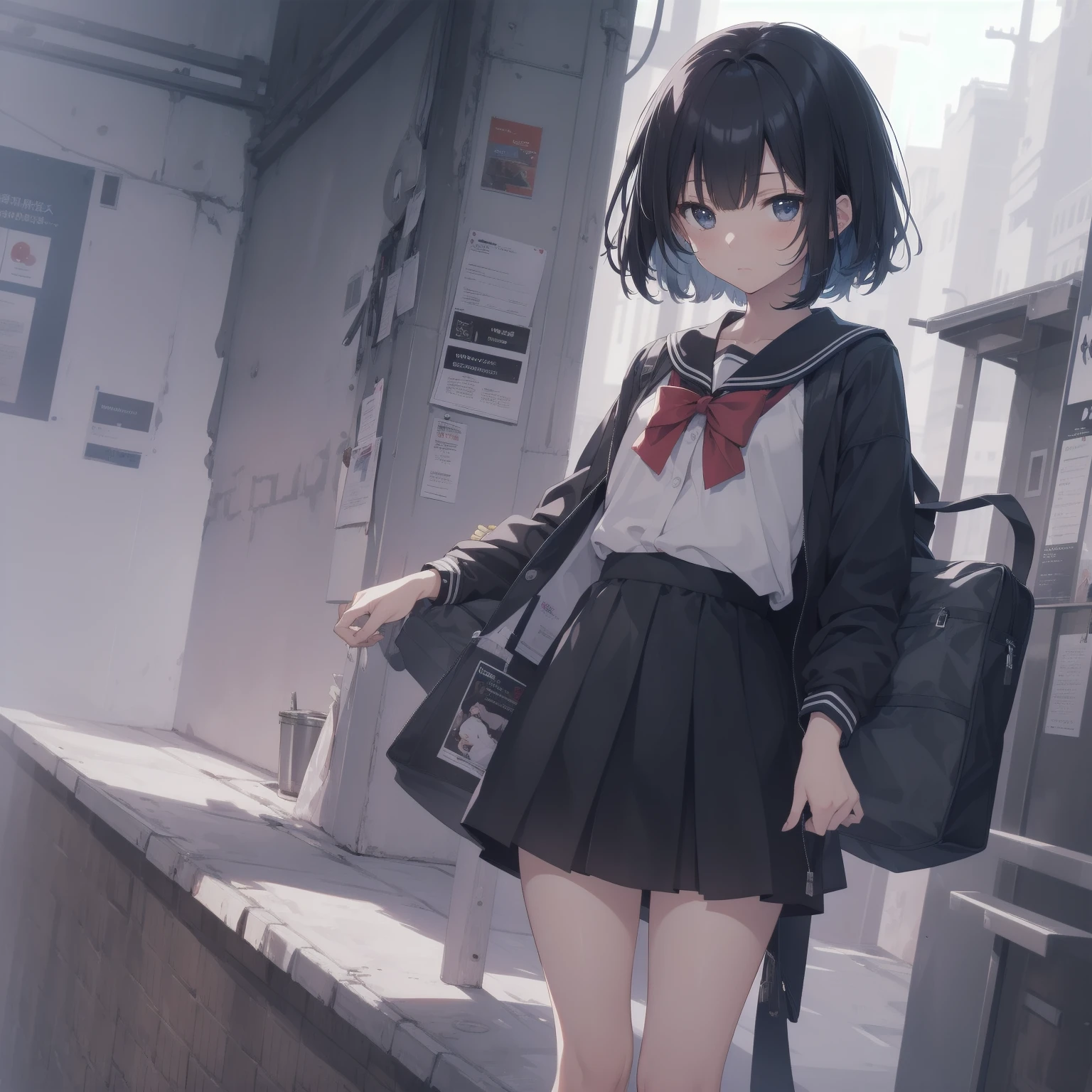 ultra-absurdres-Top quality by artist God, ultra-detailed, high resolution, anime moe artstyle, best anime 8k konachan wallpaper, pixiv contest winner, pool:2810, perfect anatomy,break, 1girl, (Please draw a girl walking sleepily to school alone. )break,(Solo,little female, 13-year-old:1.3),Full limbs, complete fingers,a junior high school student, (very short hair), short cut, flat chest, , small butt, small black eyes, beautiful detailed eyes, well-proportioned iris and pupils, expressive eyes, highres detailed hair, soft expression, salor school_uniform, sailor collar, serahuku, bow, pleated skirt,(Detailed Lighting), (Detailed background), in the School commute route. break,super detailed skin, Best cinematic lighting powered by famous artist, 8k,beauty illustration,photoshop_(medium),very aesthetic,break,((artist:toosaka_asagi )), artist:clamp ,artist:carnelian ,artist:kantoku ,