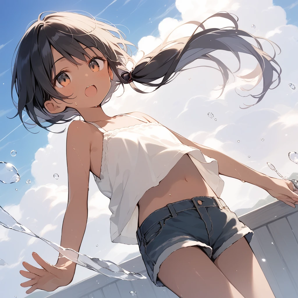 score_9, score_8_up, score_7_up, source_anime, best quality, masterpiece, official art, absurdres, highres, ultra-detailed,waifu2x,Collection: Slice of Life,break,1girl, tomboy, dark-skinned female, short hair, low ponytail, flat chest, beautiful detailed eyes, short shorts, sweat, open mouth, (yawn:0.3), sleepily, outdoors, wind, break,(clear line illustration:1.2),very high resolution, very aesthetic, super detailed skin, Best sexual lighting powered by famous artist, 8k,cute picture,beauty illustration,photoshop_(medium),,(Detailed Lighting),best anime 8k konachan wallpaper, pixiv contest winner,