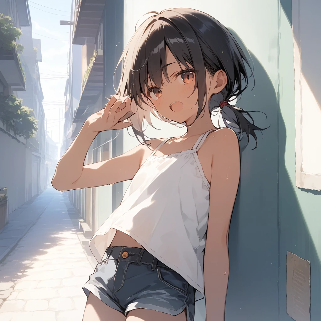 score_9, score_8_up, score_7_up, source_anime, best quality, masterpiece, official art, absurdres, highres, ultra-detailed,waifu2x,Collection: Slice of Life,break,1girl, tomboy, dark-skinned female, short hair, low ponytail, flat chest, beautiful detailed eyes, short shorts, sweat, open mouth, (yawn:0.3), sleepily, outdoors, wind, break,(clear line illustration:1.2),very high resolution, very aesthetic, super detailed skin, Best sexual lighting powered by famous artist, 8k,cute picture,beauty illustration,photoshop_(medium),,(Detailed Lighting),best anime 8k konachan wallpaper, pixiv contest winner,
