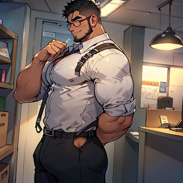 4k, masterpiece, high resolution:1.2, 1 man, solo, bara, muscular, big physique, crew cut hair, facial hair, chest, wide shoulder, biceps, thighs, triceps, butt, black hair, cute smile, friendly, standing in an office, wearing formal trousers, wearing formal stripes pattern office shirt, wearing glasses, upstairs office in the background, ultra detailed, shredded muscle, flat style (((wearing harness))) (((view from the side, thick huge ass)))