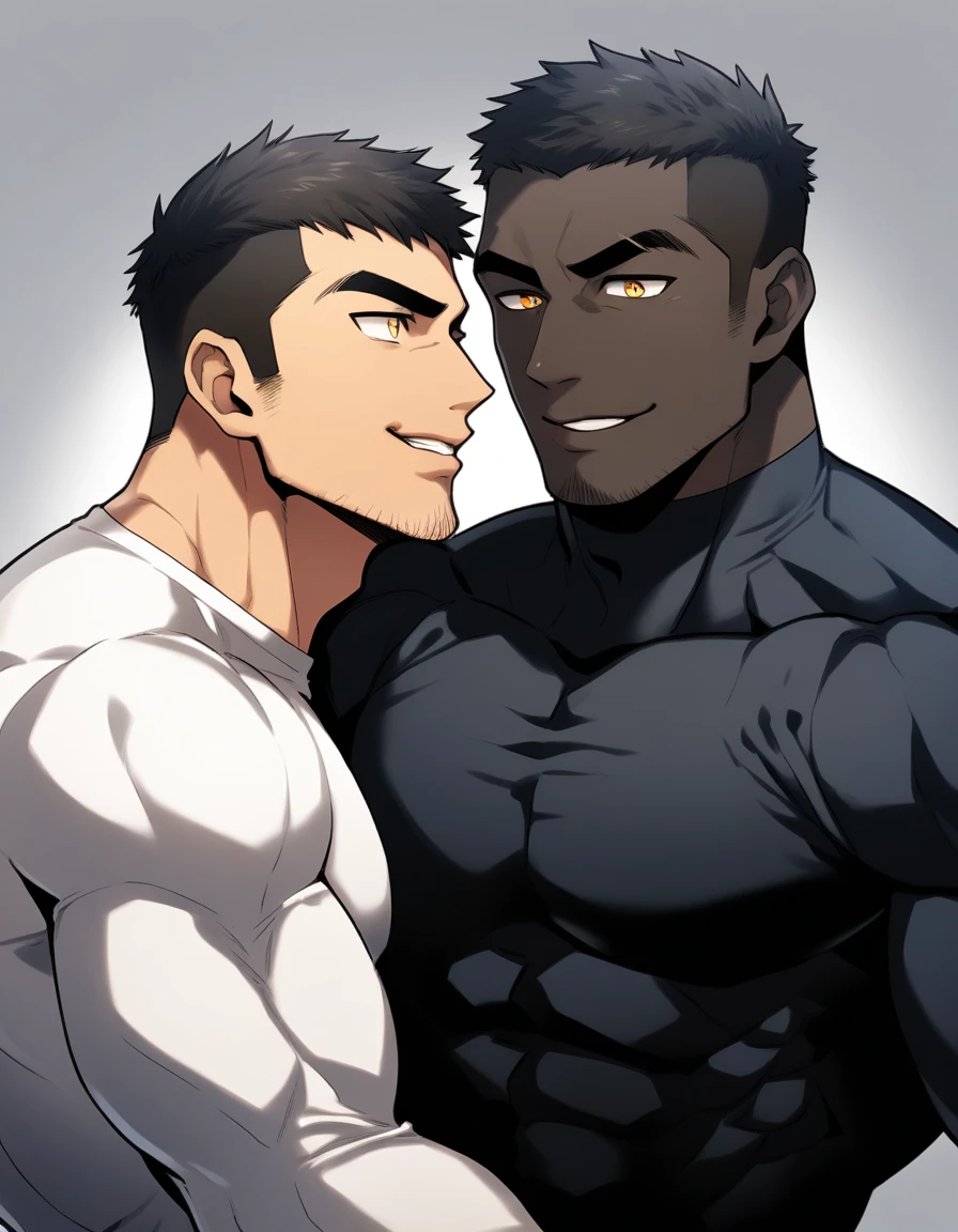 anime characters:Two superheroes in tights, Muscle superhero, negro black skin, They hugged and kissed each other, Bite your neck, Caress, Manliness, male focus, Yellow and black high collar long sleeve tight T-shirt, Slightly transparent material, Very tight, Round, full and perky chest muscles, Muscle waist, Slightly transparent, muscular male, muscular, only, Upper body, alone, Black short hair, Thick eyebrows, stubble, Yellow eyes, Grey background, simple background, amazing quality, best aesthetics, Ridiculous, bright pupils, crew cut, parted lips, seductive smile, torogao, naughty face, drop shadow, best quality