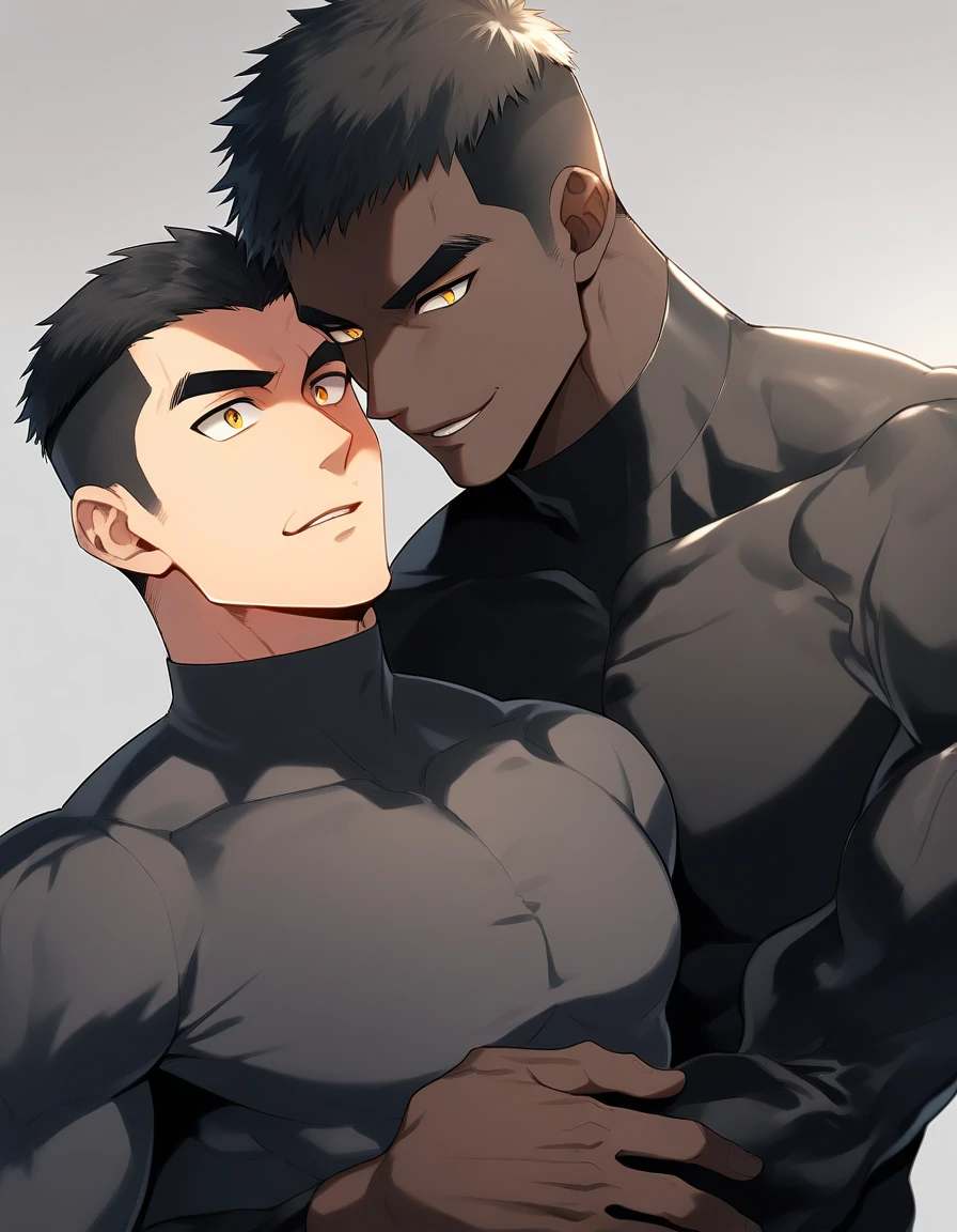 anime characters:Two superheroes in tights, Muscle superhero, negro black skin, They hugged and kissed each other, Bite your neck, Caress, Manliness, male focus, Yellow and black high collar long sleeve tight T-shirt, Slightly transparent material, Very tight, Round, full and perky chest muscles, Muscle waist, Slightly transparent, muscular male, muscular, only, Upper body, alone, Black short hair, Thick eyebrows, stubble, Yellow eyes, Grey background, simple background, amazing quality, best aesthetics, Ridiculous, bright pupils, crew cut, parted lips, seductive smile, torogao, naughty face, drop shadow, best quality