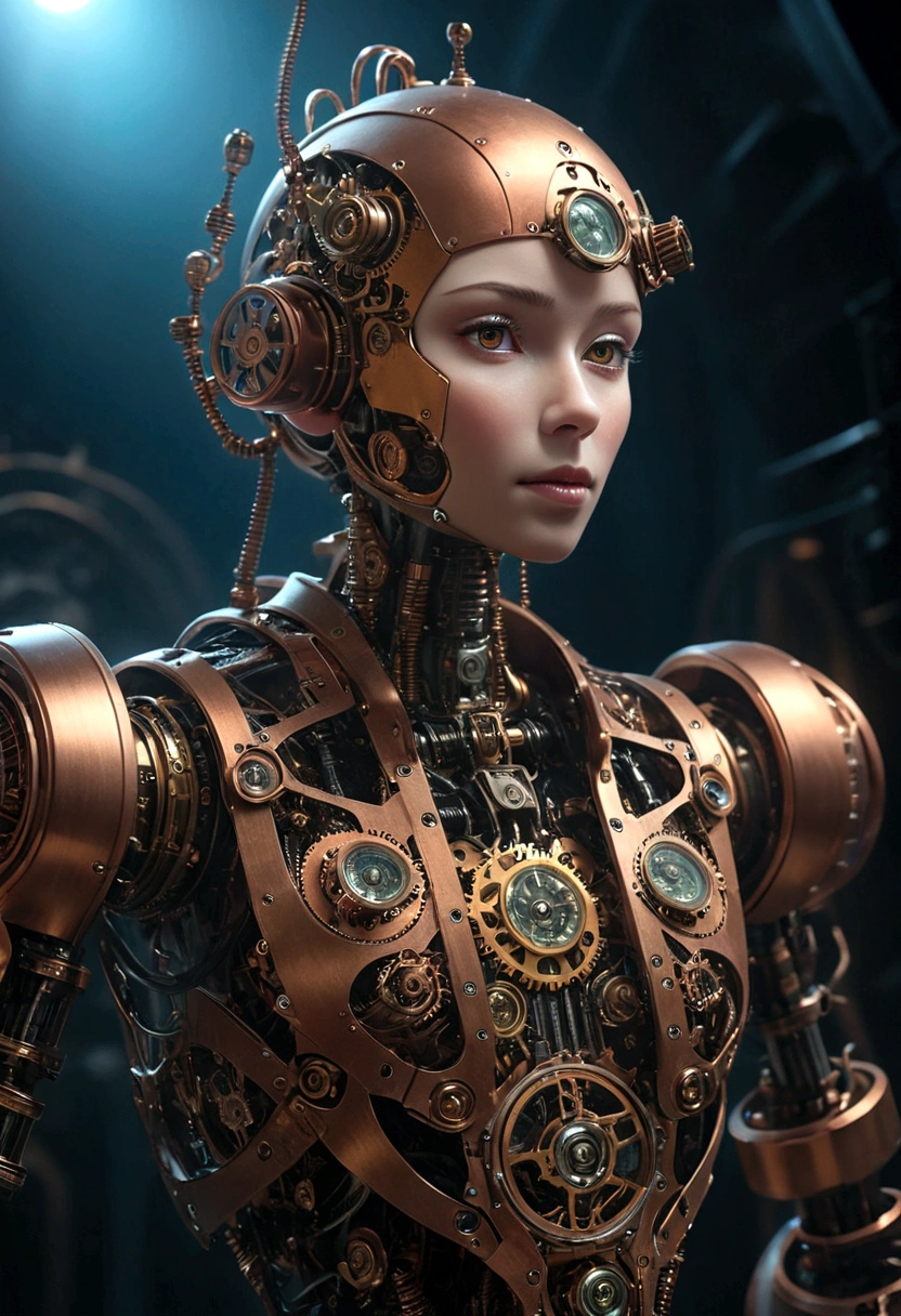 a highly detailed steampunk humanoid automaton made of bronze and copper gears, floating in deep space, (best quality,4k,8k,highres,masterpiece:1.2),ultra-detailed,(realistic,photorealistic,photo-realistic:1.37),intricate mechanical design,golden gears,futuristic technology,dramatic lighting,cinematic composition,dramatic shadows,vivid colors,moody lighting,sci-fi,concept art