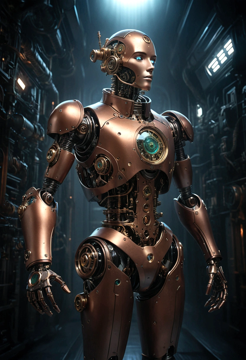 a highly detailed steampunk humanoid automaton made of bronze and copper gears, floating in deep space, (best quality,4k,8k,highres,masterpiece:1.2),ultra-detailed,(realistic,photorealistic,photo-realistic:1.37),intricate mechanical design,golden gears,futuristic technology,dramatic lighting,cinematic composition,dramatic shadows,vivid colors,moody lighting,sci-fi,concept art