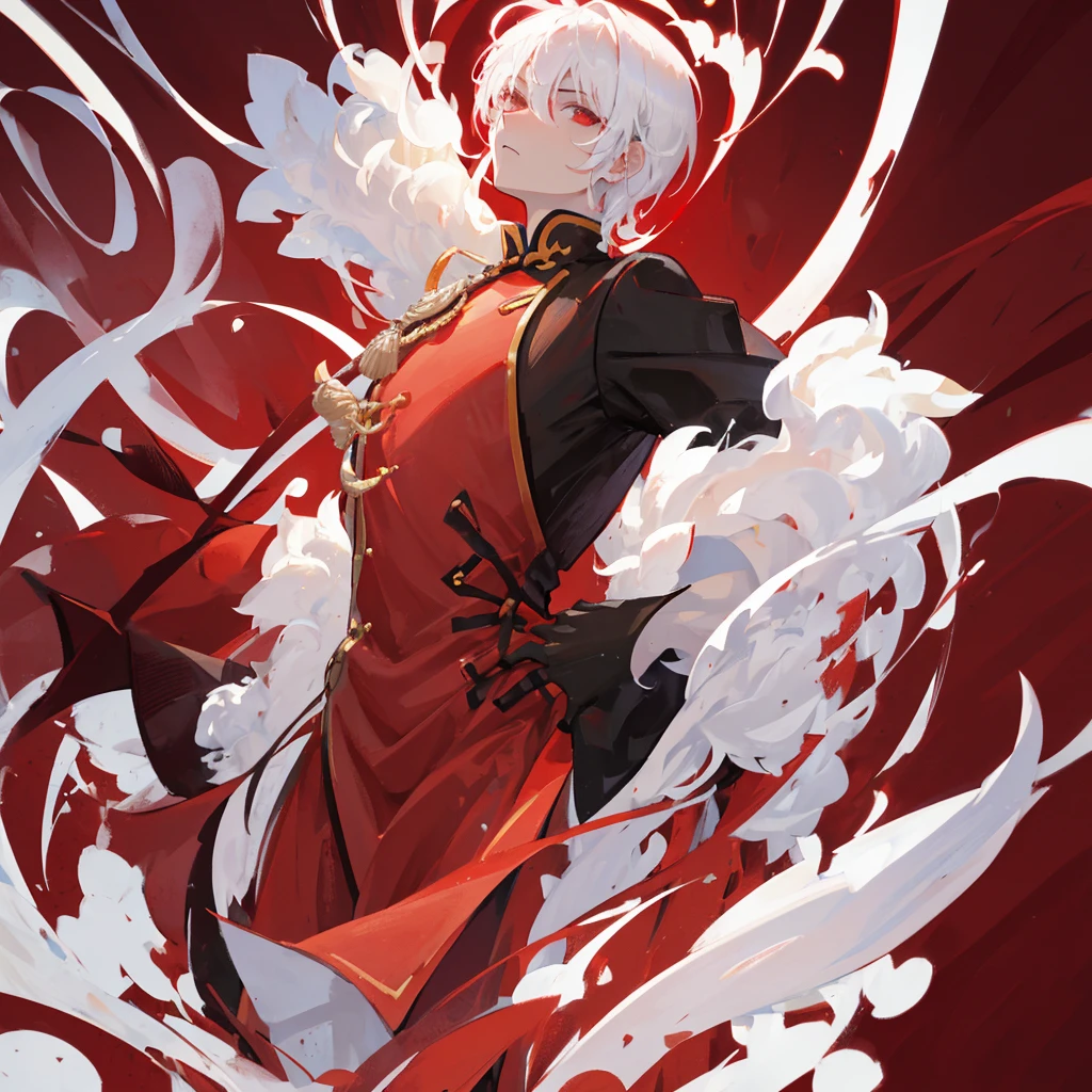 A Chinese male,White hair,((Pure red background))