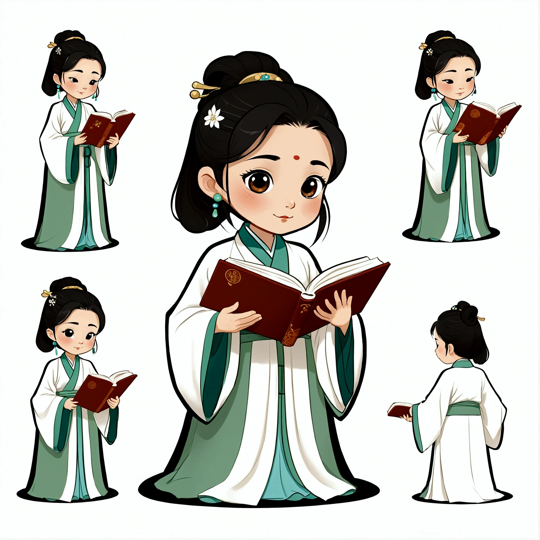  in a white robe reading a book，Traditional Chinese Hanfu，Animated character design，Chinese painting style，light grey，cute，Subtle charm，Facial Expressions，9 emoticons，Expression table，Various poses and expressions，9 grids，Black lines outlined，Different emotions，Various poses and expressions，Wearing Hanfu