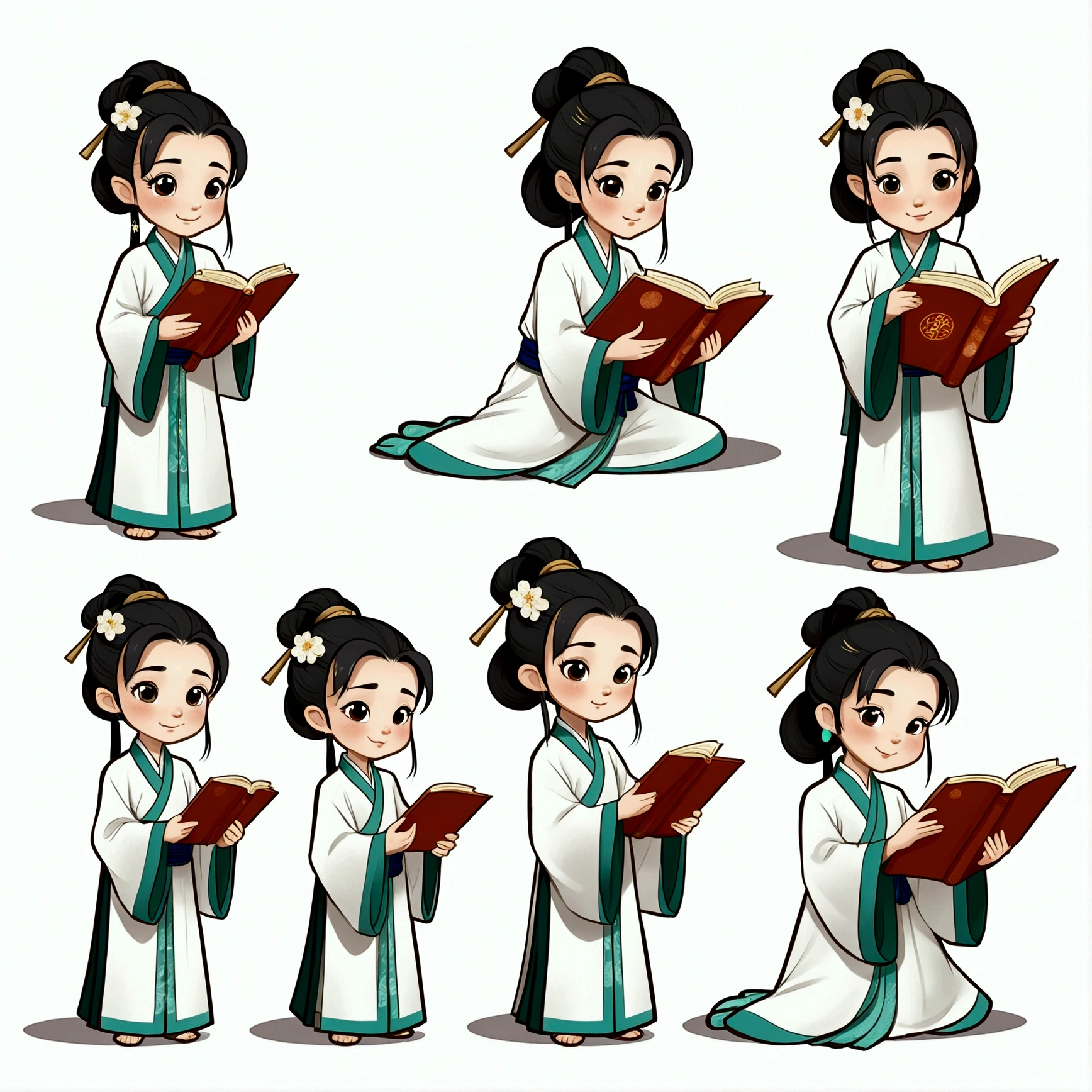 Little girl in a white robe reading a book，Traditional Chinese Hanfu，Animated character design，Chinese painting style，light grey，cute，Subtle charm，Facial Expressions，9 emoticons，Expression table，Various poses and expressions，9 grids，Black lines outlined，Different emotions，Various poses and expressions，Wearing Hanfu