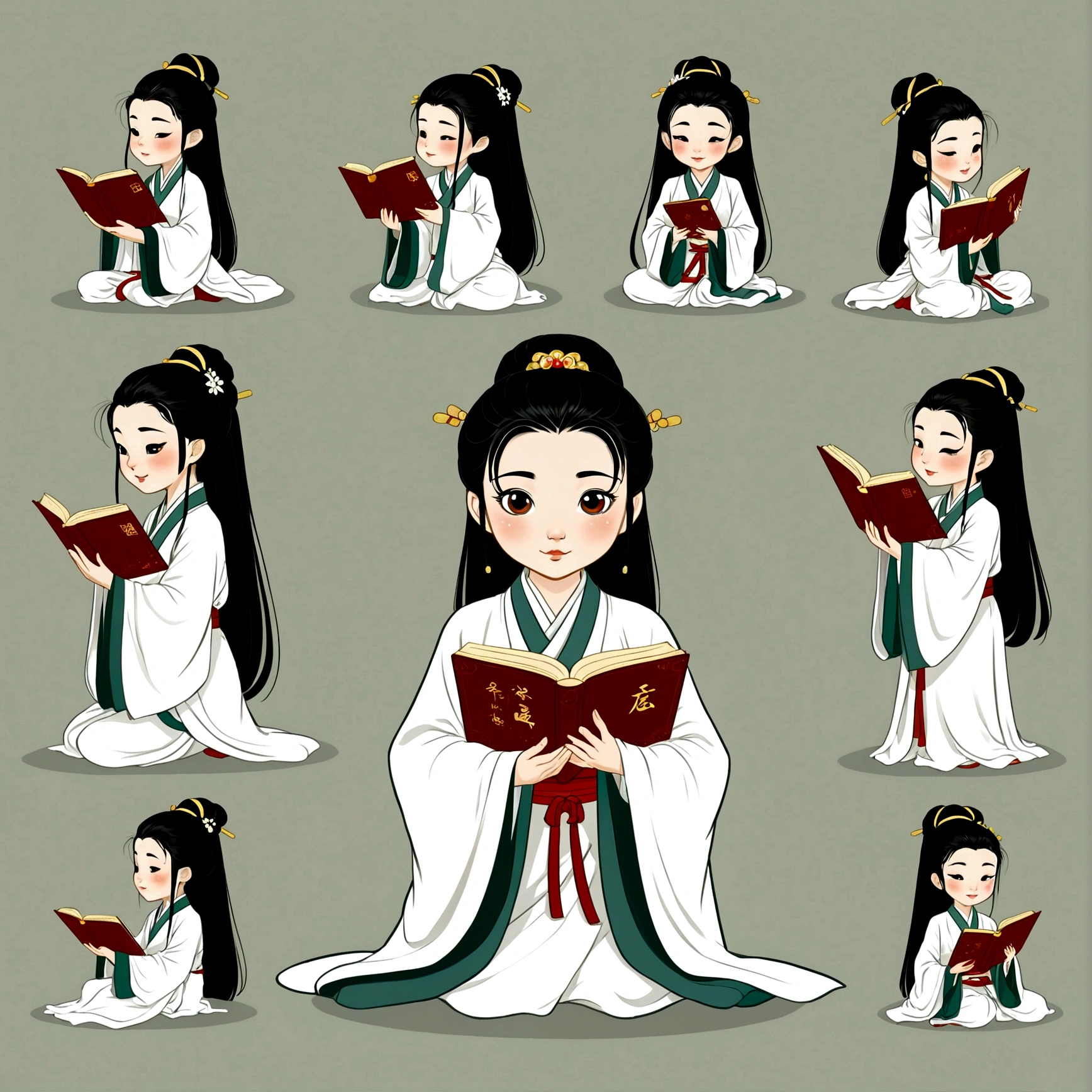  in a white robe reading a book，Traditional Chinese Hanfu，Animated character design，Chinese painting style，light grey，cute，Subtle charm，Facial Expressions，9 emoticons，Expression table，Various poses and expressions，9 grids，Black lines outlined，Different emotions，Various poses and expressions，Wearing Hanfu