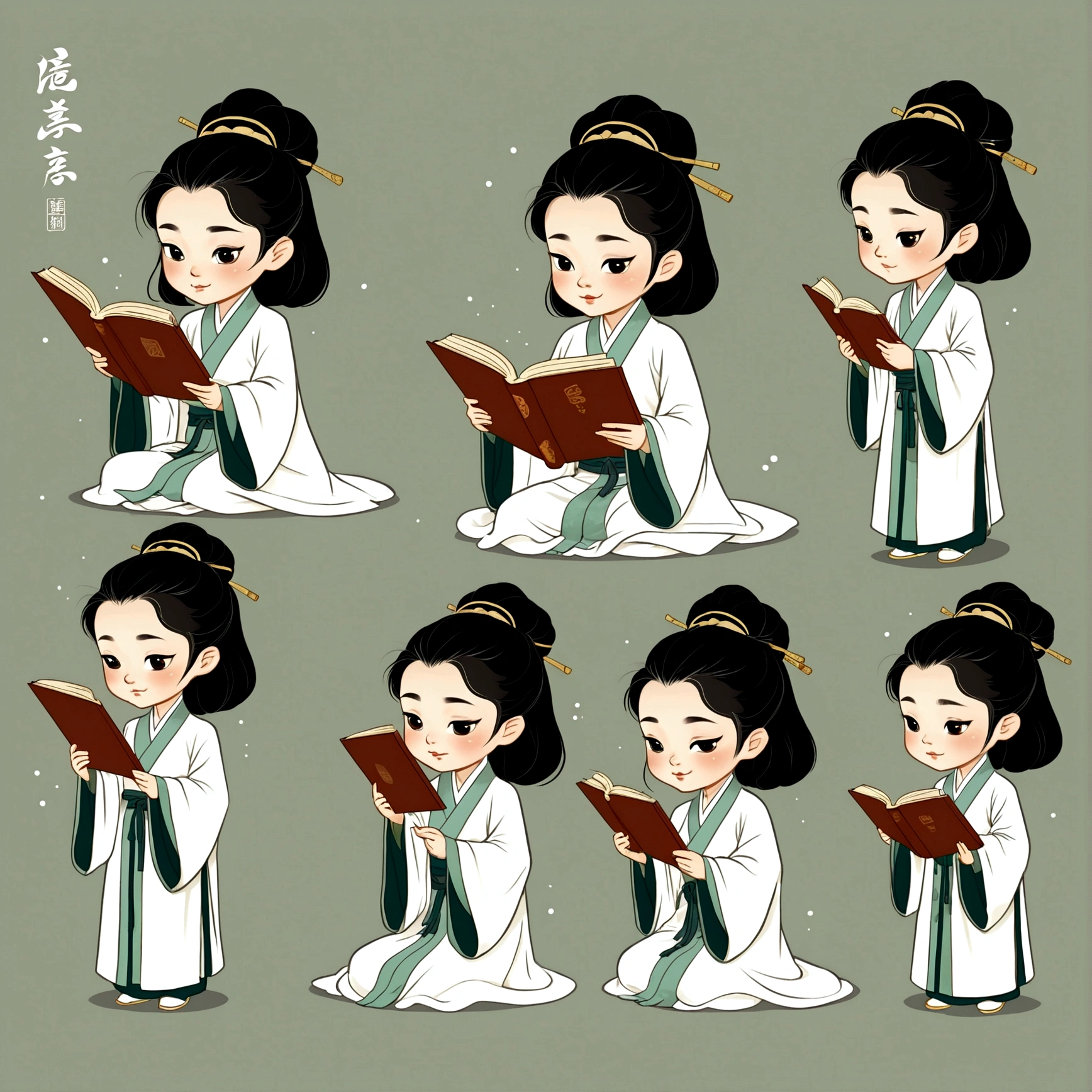 in a white robe reading a book,Traditional Chinese Hanfu,Animated character design,Chinese painting style,light grey,cute,Subtle charm,Facial Expressions,9 emoticons,Expression table,Various poses and expressions,9 grids,Black lines outlined,Different emotions,Various poses and expressions,Wearing Hanfu
