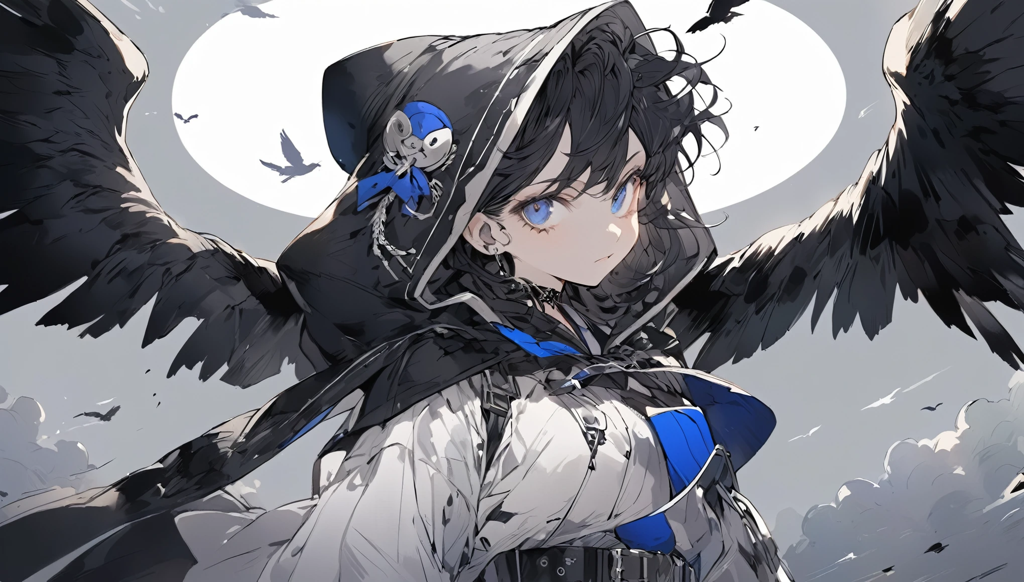 Gothic blue eyes Blue and black hair Fleeting Bird legs Belt on torso Black hood Character portrait whole body Japanese anime hand drawn illustration