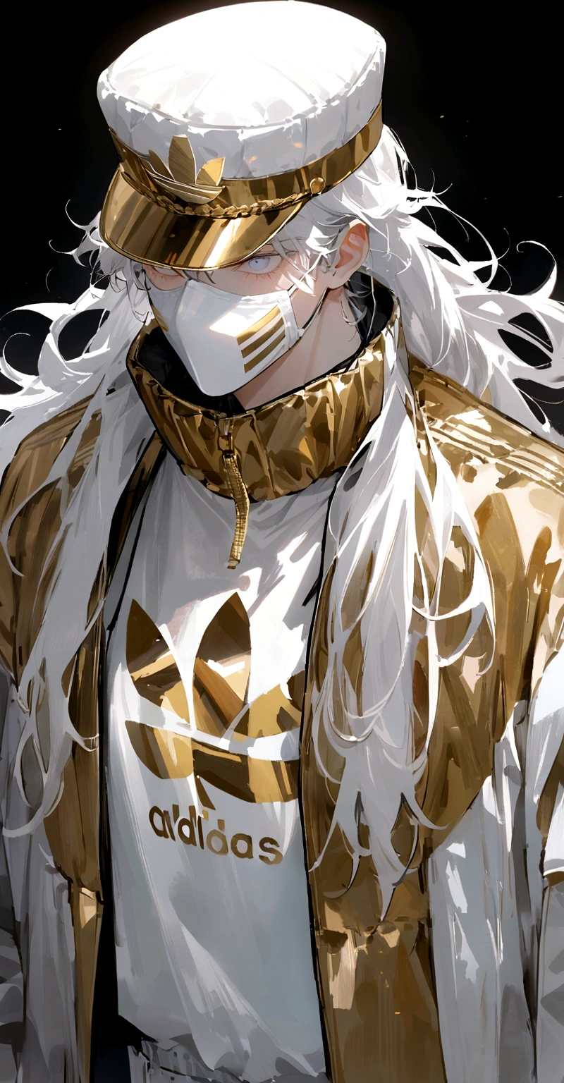 アニメ, masculine, best qualityer, Lean, work of art,White hair, White colored eyes,white and gold adidas clothing and white face mask, white and gold captain'Hat