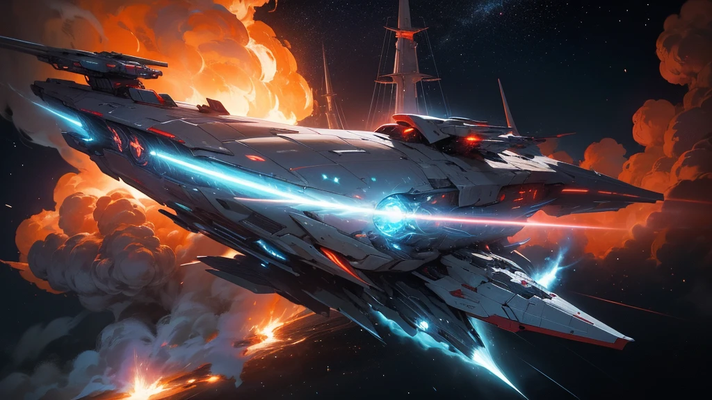 A cool-looking spaceship floating in the universe，The five-star red flag is printed on it，Strange shape，The appearance is ferocious，Good lighting atmosphere，Rich in details，The engine spews light blue flames